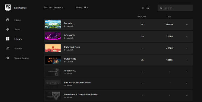 Epic Games Store könyvtár