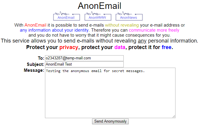 AnonEmail névtelen e-mail küldésére