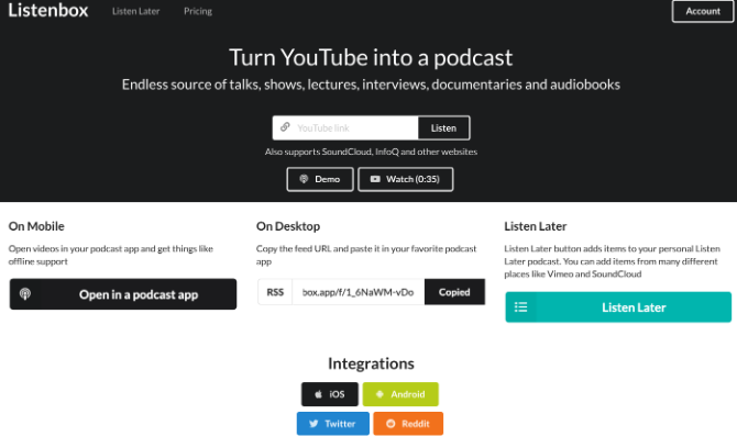 A ListenBox a YouTube-videókat, csatornákat és lejátszási listákat podcast RSS-hírcsatornává alakítja