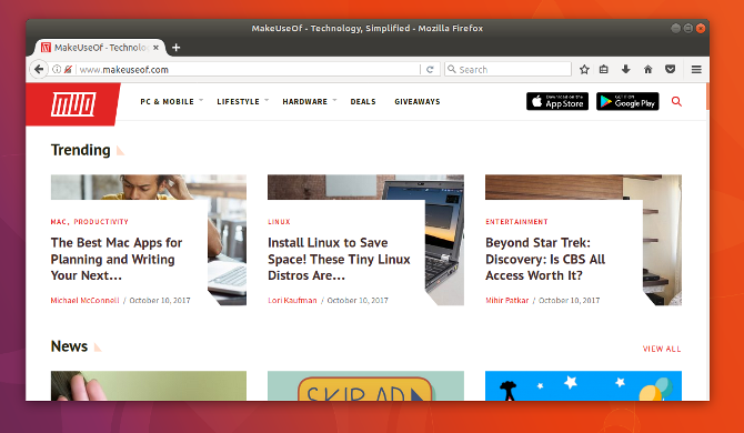 MakeUseOf Linux böngészőn