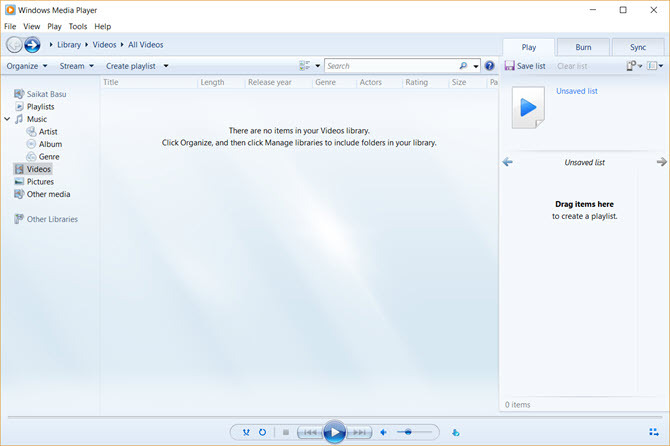 Windows Media Player 12 interfész