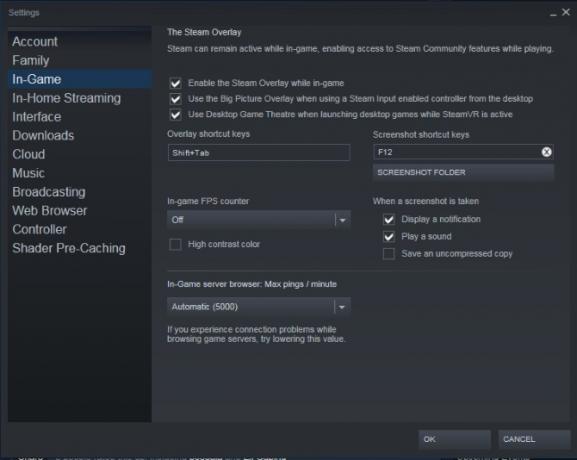 in-game Steam beállítások