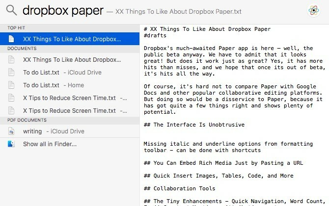 Példa a Spotlight Search Dropbox tartalmára