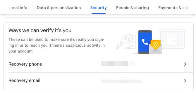 A helyreállítási e-mail és a telefonszám megjelenítése a Google-fiókban