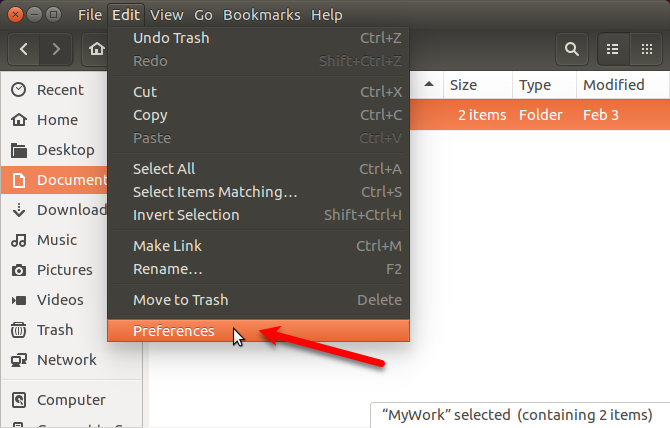Nyissa meg az Ubuntu Nautilus Szerkesztése> Beállítások menüpontját