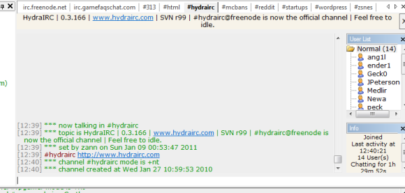 HydraIRC GUI irc chat szoftver