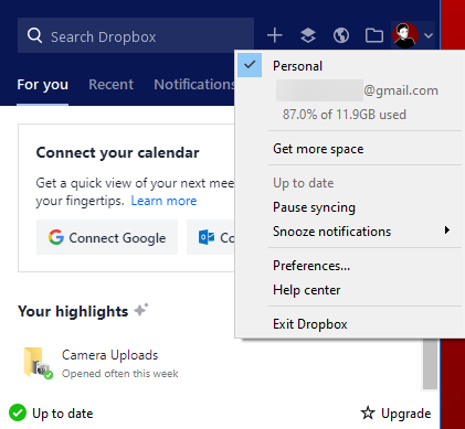 Dropbox menü Windows