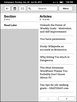 Webmenetek mentése, hogy később elolvashassa a nem tablettát tartalmazó Kindle Instapaper-et, Olvassa el későbbi cikklista nézetét
