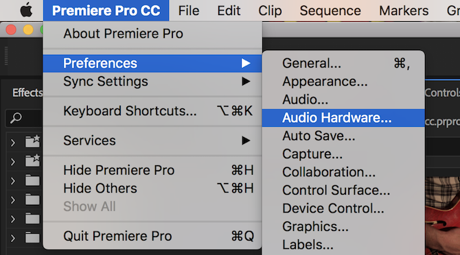 Premiere Pro audio hardver menü