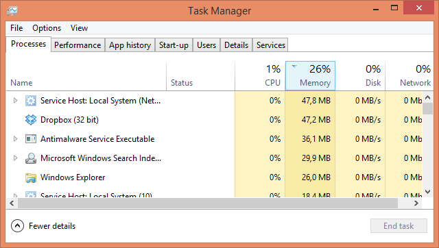 A Windows 8 Task Manager folyamatok