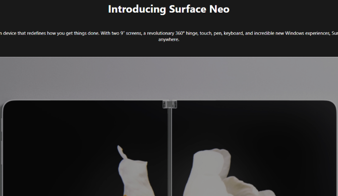 A Microsoft Surface Neo termék oldala a késleltetés után
