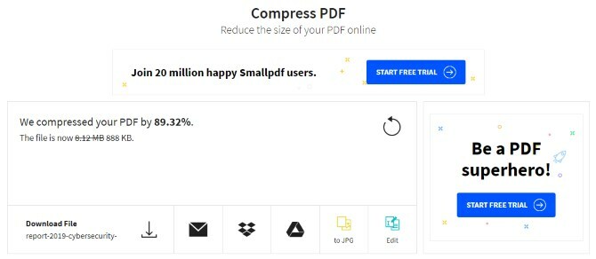 A fájl tömörítésének eredménye a PDF tömörítésével