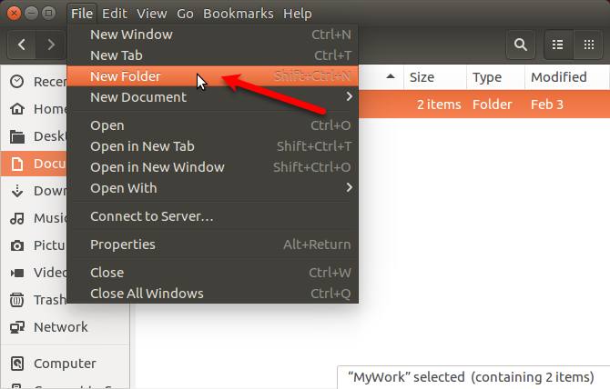 Nyissa meg a Fájl> Új mappa a Nautilus-ban az Ubuntu-ban