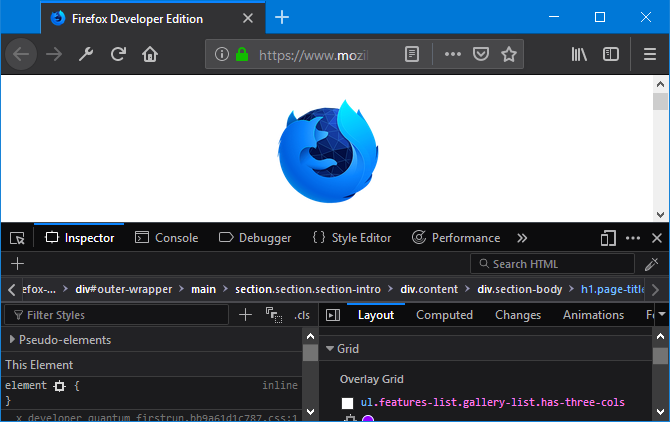 A Firefox Developer Edition képernyőképe