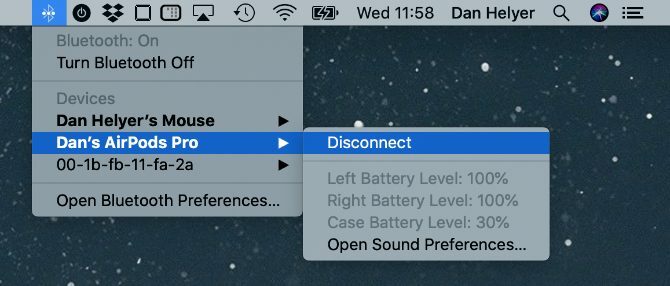 Az AirPod akkumulátor töltöttségi szintje a macOS Bluetooth menüben
