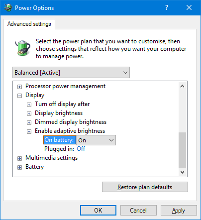 adaptív képernyő fényerő Windows 10