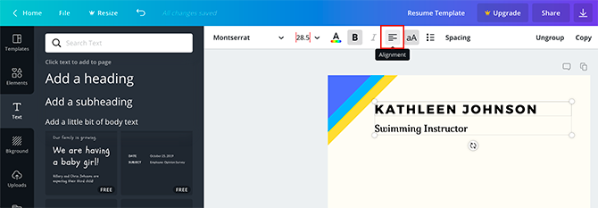 Canva szöveg igazítási gomb