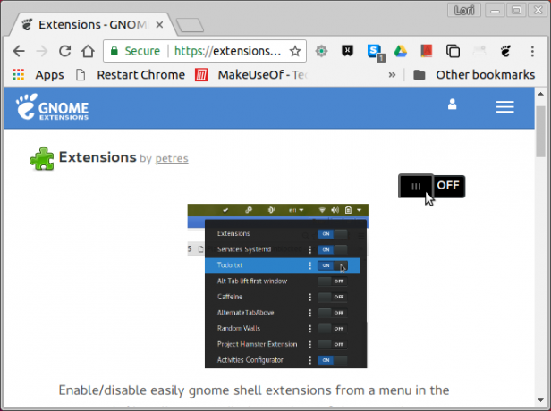 Kapcsolja be a bővítményt a GNOME Extensions webhelyén a Chrome-ban