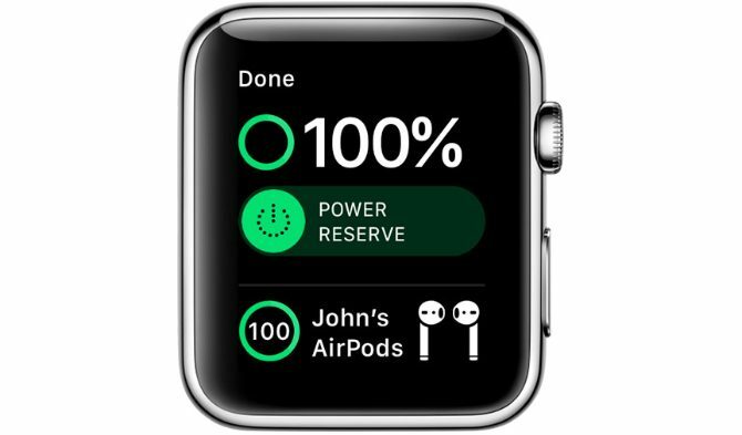 Az Apple Watch Control Center mutatja az AirPods akkumulátort