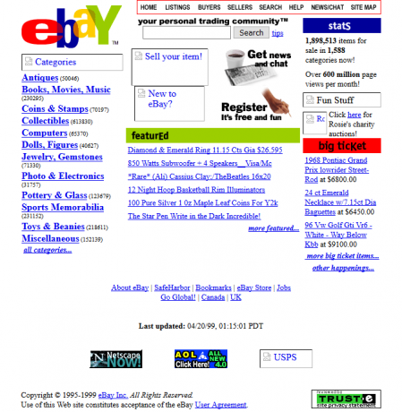 Az screenshot az eBay-ről 1999-ben
