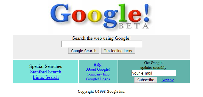 A Google képernyőképe 1998-ban