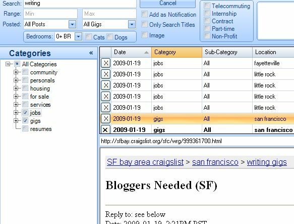 Craigslist keresés a CraigsList Reader (Windows) craigslist41 segítségével