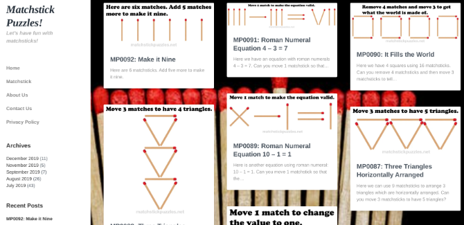 A Matchstick Puzzles 92 különféle logikai és oldalsó gondolkodási rejtvényt tartalmaz, a klasszikus match-stick rejtvények alapján