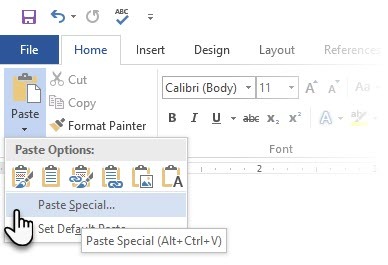 Microsoft Word Paste speciális jobb egérgombbal