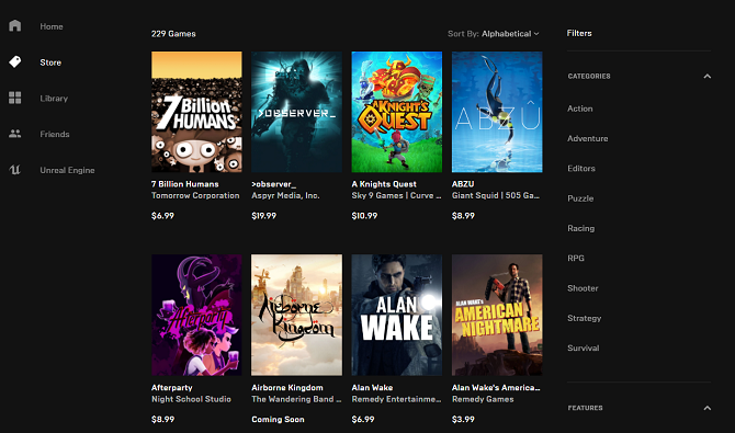 Epic Games Store játékok kiválasztása