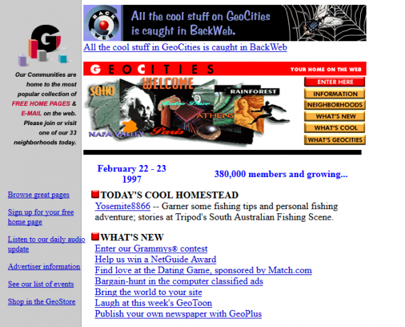 A GeoCities honlapjának képernyőképe 1997-ben