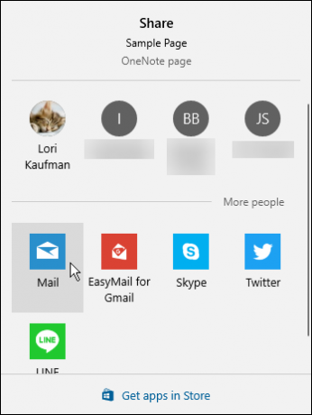 Megosztási párbeszédpanel a OneNote alkalmazásban
