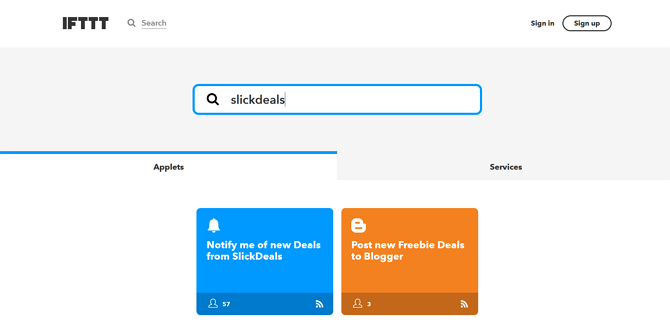 IFTTT Applet keresési oldal eredménye a SlickDeals-hez