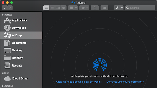 Az AirDrop ablak Mac számítógépen