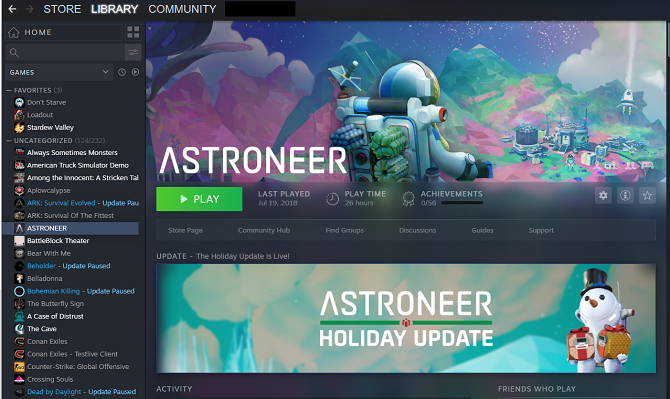 Steam játékok könyvtár felhasználói felülete