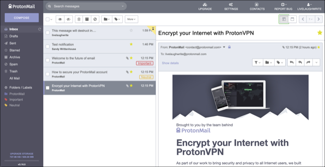 ProtonMail webes felület