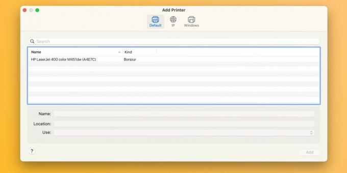 Nyomtató hozzáadása párbeszédpanel a macOS Sonoma rendszerbeállításokban