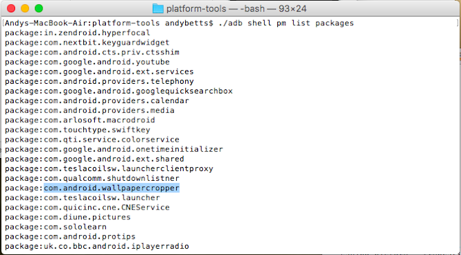 android adb listacsomagok