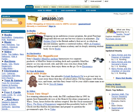 Az Amazon webhelyének képernyőképe 1999-ben
