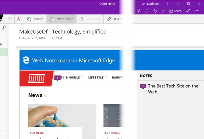 Internetes megjegyzés az Edge-től a OneNote-ban