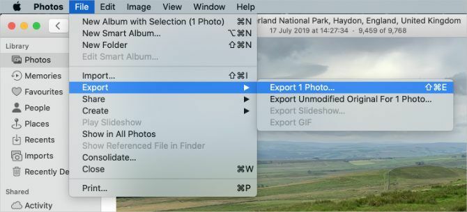 Fotó exportálása opció a Macintosh Photos programban
