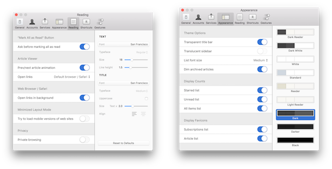 Mac RSS Readers Reeder beállításai