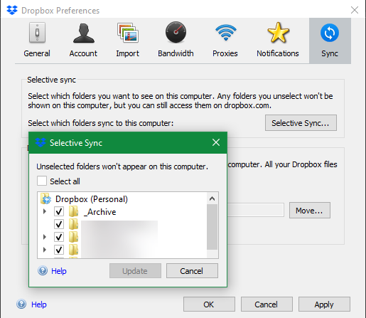 Dropbox szelektív szinkronizálás