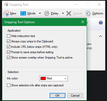 Windows Snipping Tool beállításai