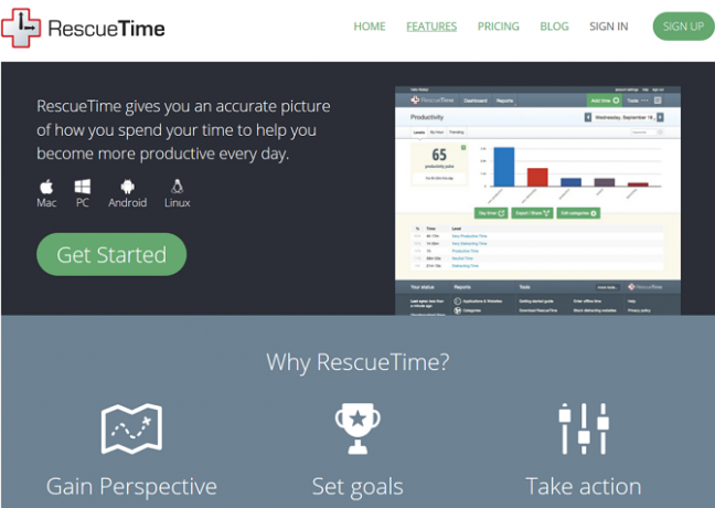 A képernyőképe a RescueTime webhelyről, kiemelve a funkciókat