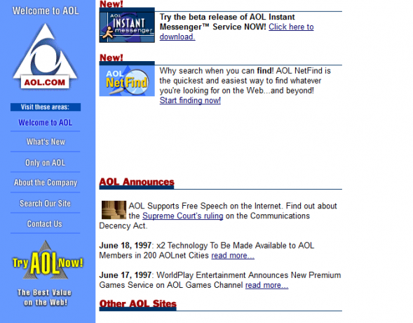 Az AOL honlapjának képernyőképe 1997-ben