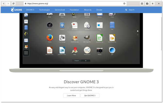 GNOME webböngésző, amely megjeleníti a GNOME weboldalát