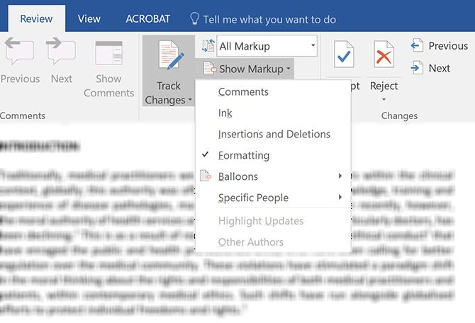 A kiszámított változások szűrése és alkalmazása a Microsoft Word Show Markup programban