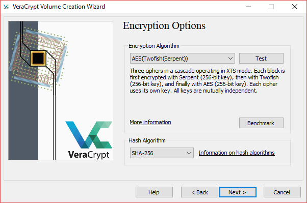 veracrypt kötetlétrehozó varázsló titkosítási algoritmusa