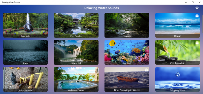 képernyőkép a pihentető vízhangok windows alkalmazásról