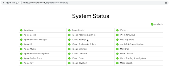 Apple System Status weboldal